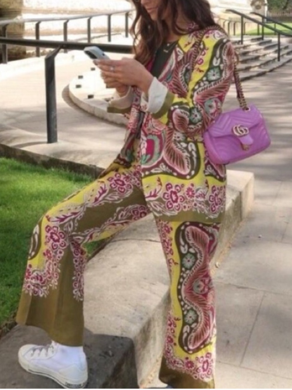 ZARA SET Bright Yellow Army Green Pink Linen Cotton Blend Blazer & Cropped Pants